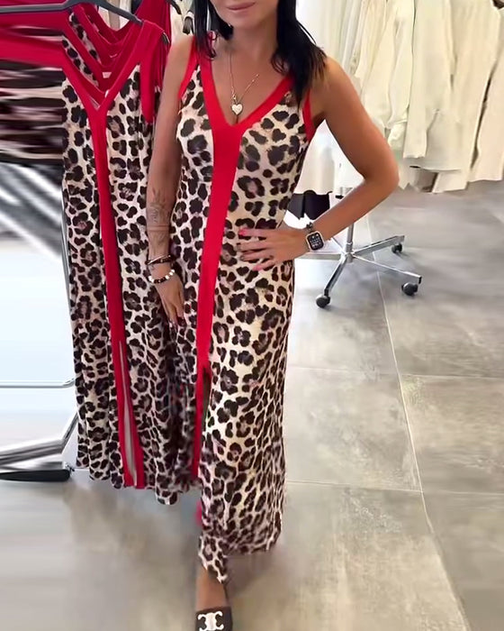 Sukienka Bez Rękawów Elegancka W Panterkę Kontrastowa