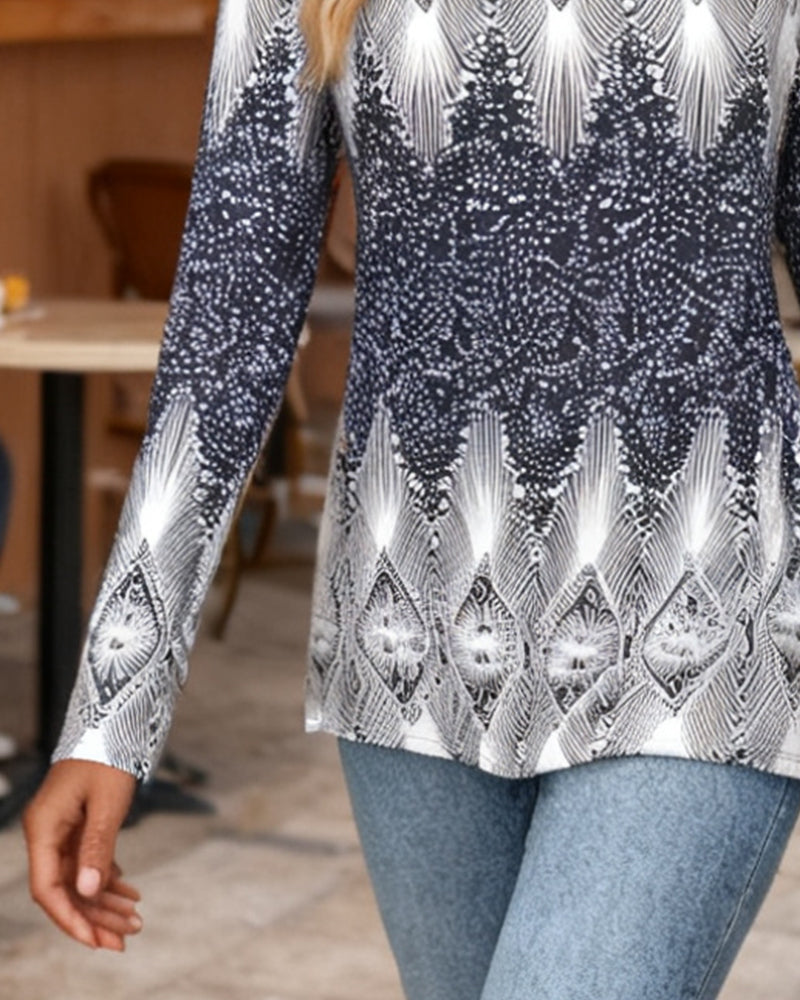 Top Długi Rękaw Okrągły Dekolt Nadruk Slim Fit