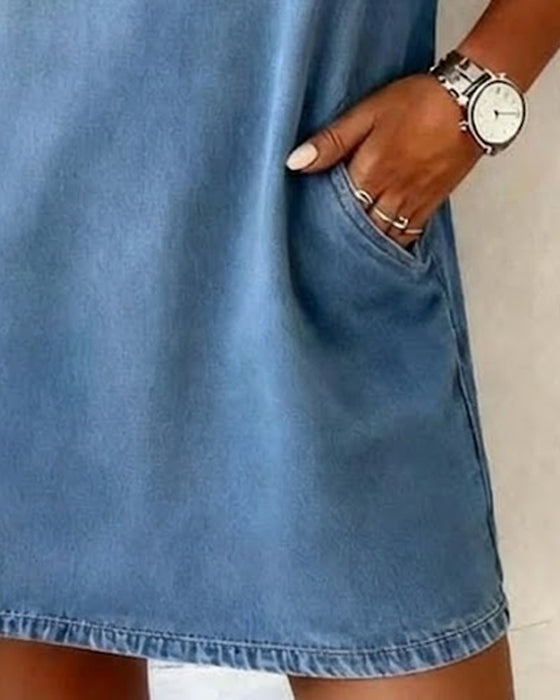 Sukienka Denim V Dekolt Krótki Rękaw Shift