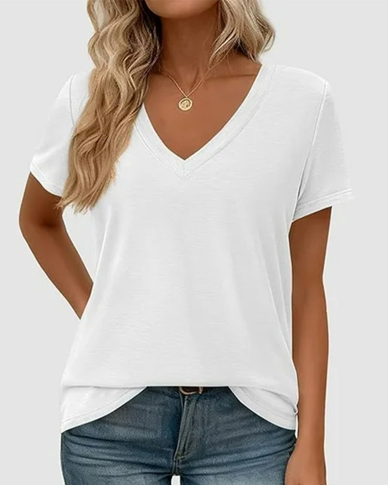 T-Shirt Pullover Dekolt V Gładki