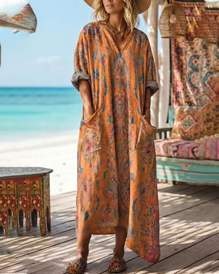 Sukienka Retro Kwiatowy Nadruk V Dekolt Maxi