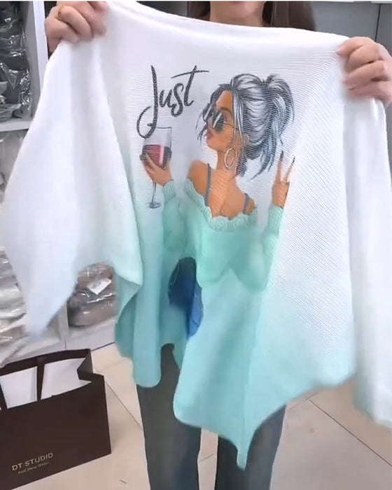 Sweter Gradientowy Nadruk Rękaw Nietoperzowy