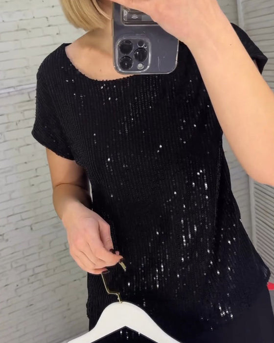 Bluzki damskie z krótkim rękawem, cekinowe