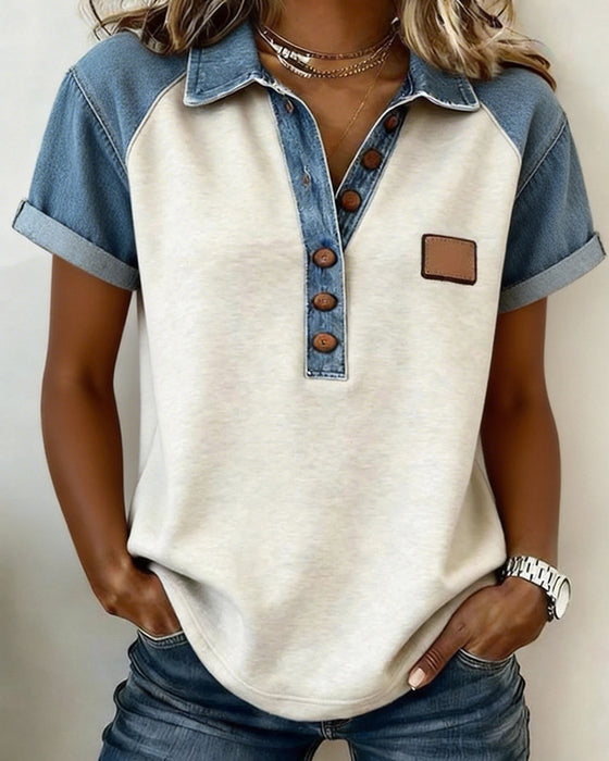 T-Shirt Denim Kolor Blok Krótki Rękaw