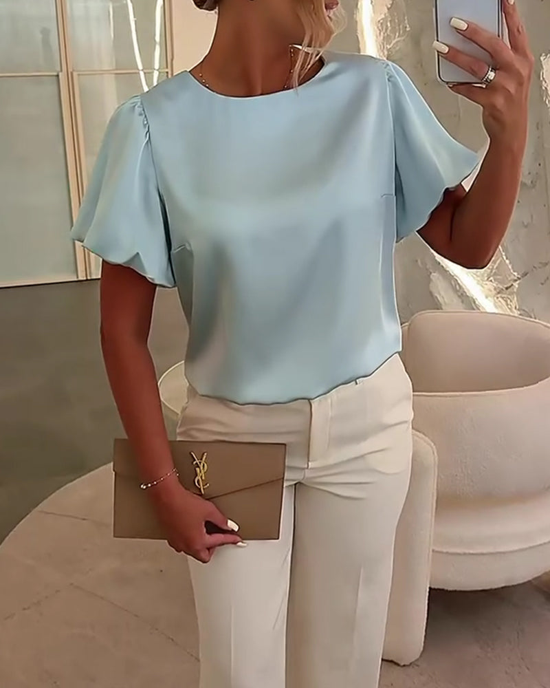 Bluzy Satyna Krótki Rękaw Drapowanie