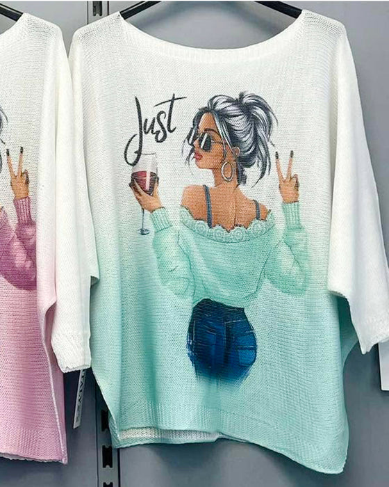 Sweter Gradientowy Nadruk Rękaw Nietoperzowy