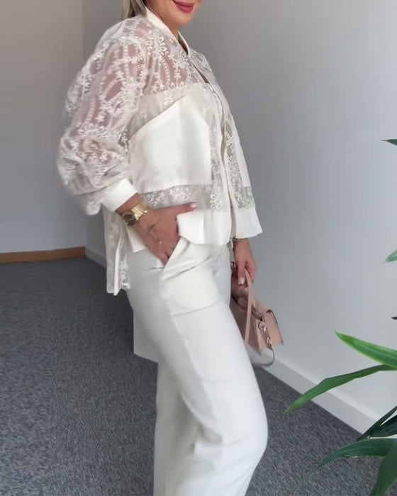 Płaszcz Ażurowa Koronka Gładki Kolor