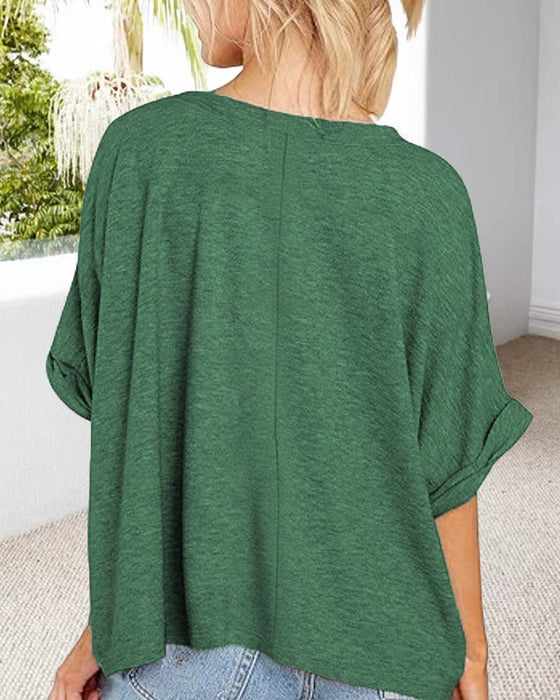 T-Shirt V Dekolt Rolkowany Brzeg Krótki Rękaw Luźny