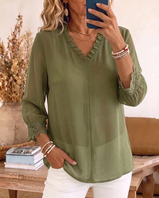 Bluzka V-Szyjka Ruffle Koronka Patchwork
