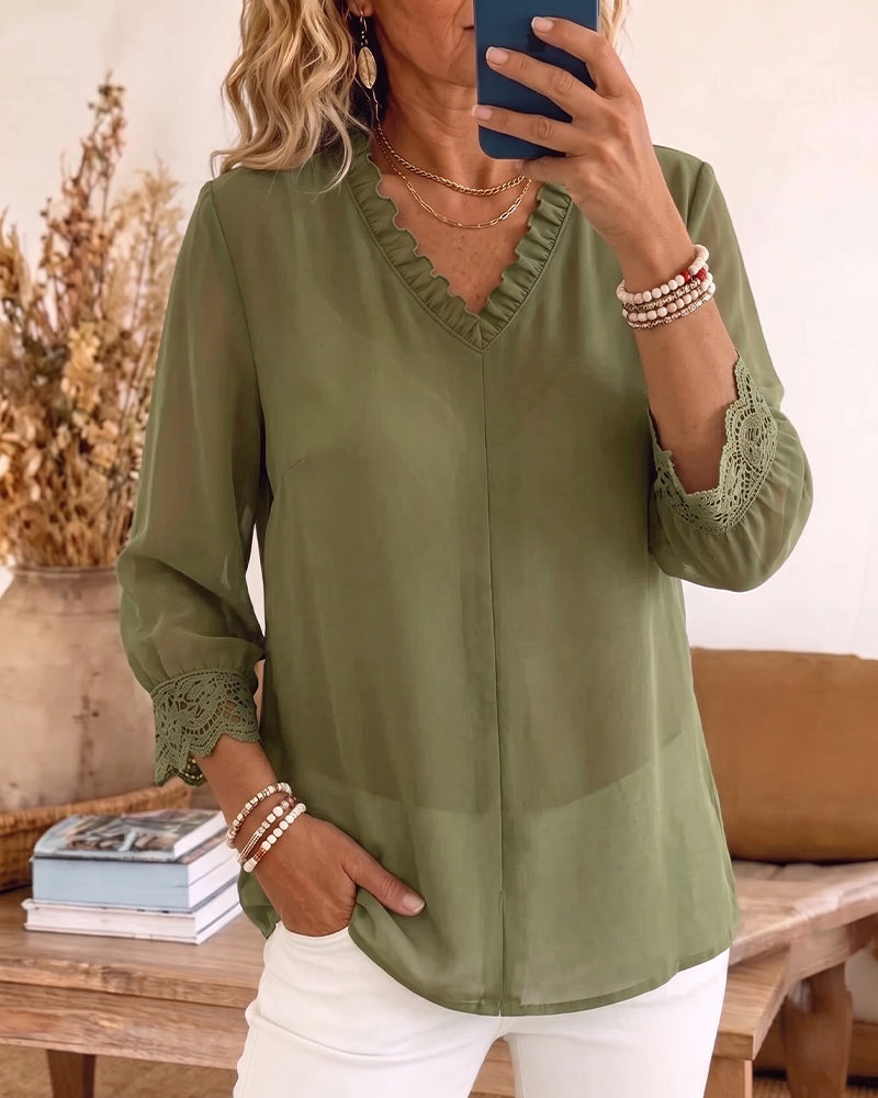 Bluzka V-Szyjka Ruffle Koronka Patchwork