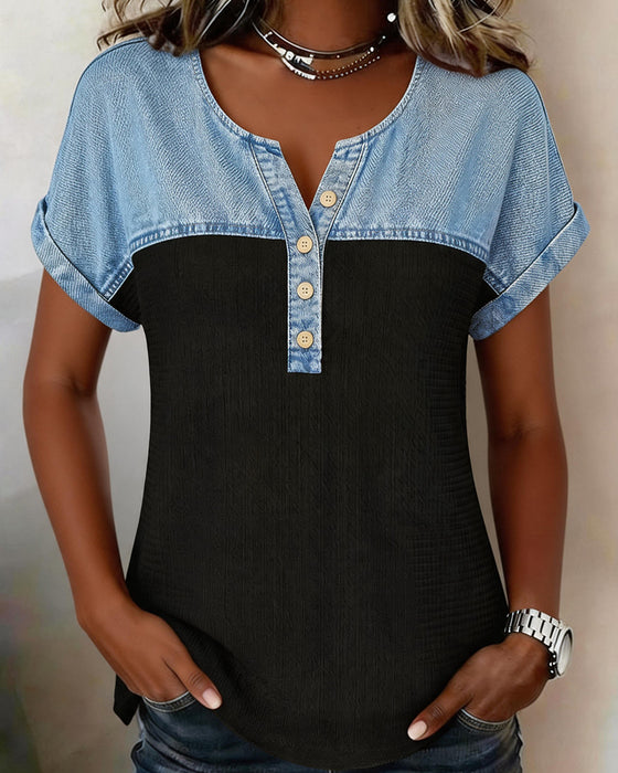 Bluzka Denim Patchwork Krótki Rękaw