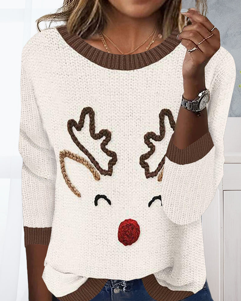 Sweter casualowy z okrągłym dekoltem, wzór świąteczny