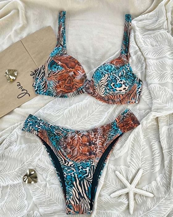 Bikini Lampart Druk Blok Kolorów Ramiączka