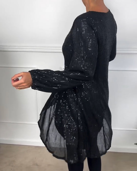 Sukienka elegancka z rękawami typu lampion i cekinami w kształcie litery A