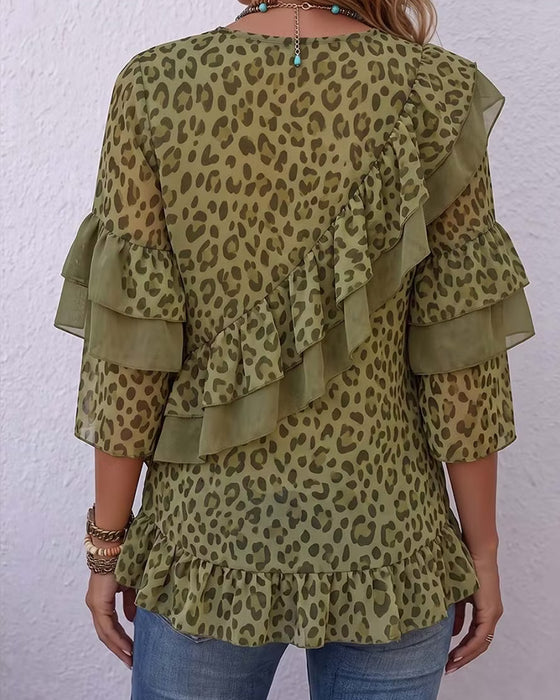 Bluzka V-Szyja Ruffle Lampart