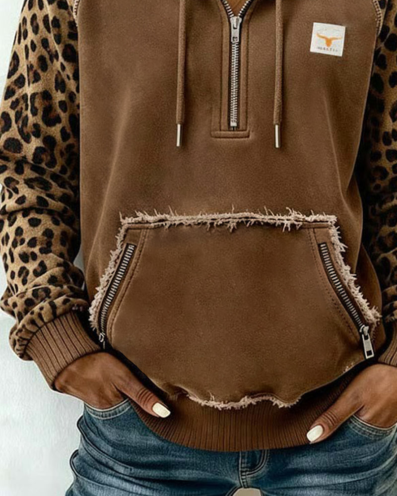 Bluza Z Kapturem Color-Block Z Zamkiem I Leopardzim Printem