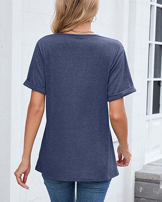 T-Shirt Jednokolorowy Dekolt W Kształcie Litery V Casual Krótki Rękaw