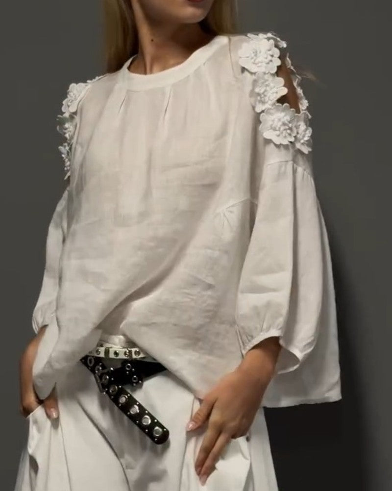 Bluzy Okrągły Dekolt Wycięcie Off-Shoulder 3D Kwiatowy