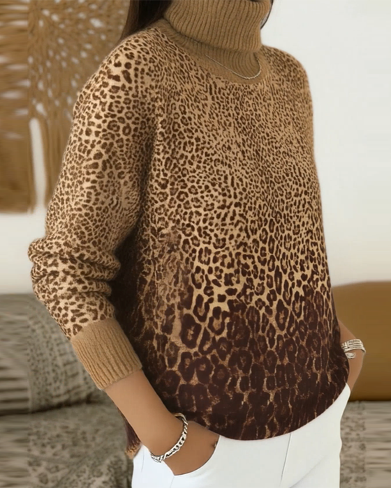 Sweter Print Leopardzi Casual Wysoki Kołnierz