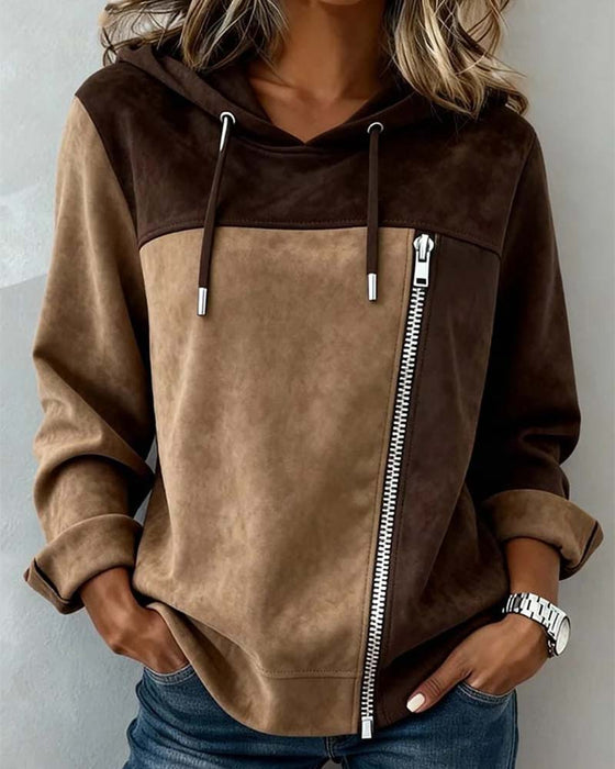 Hoodie Z Kapturem Sznurek Kontrast Zamek Błyskawiczny