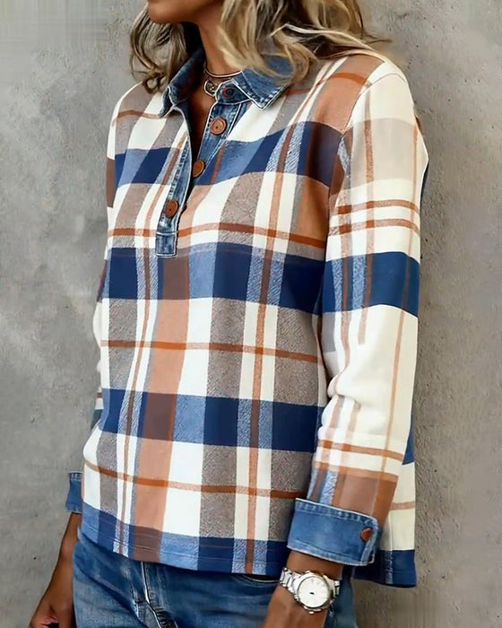 Bluzka casualowa z denimu w kratę patchworkową
