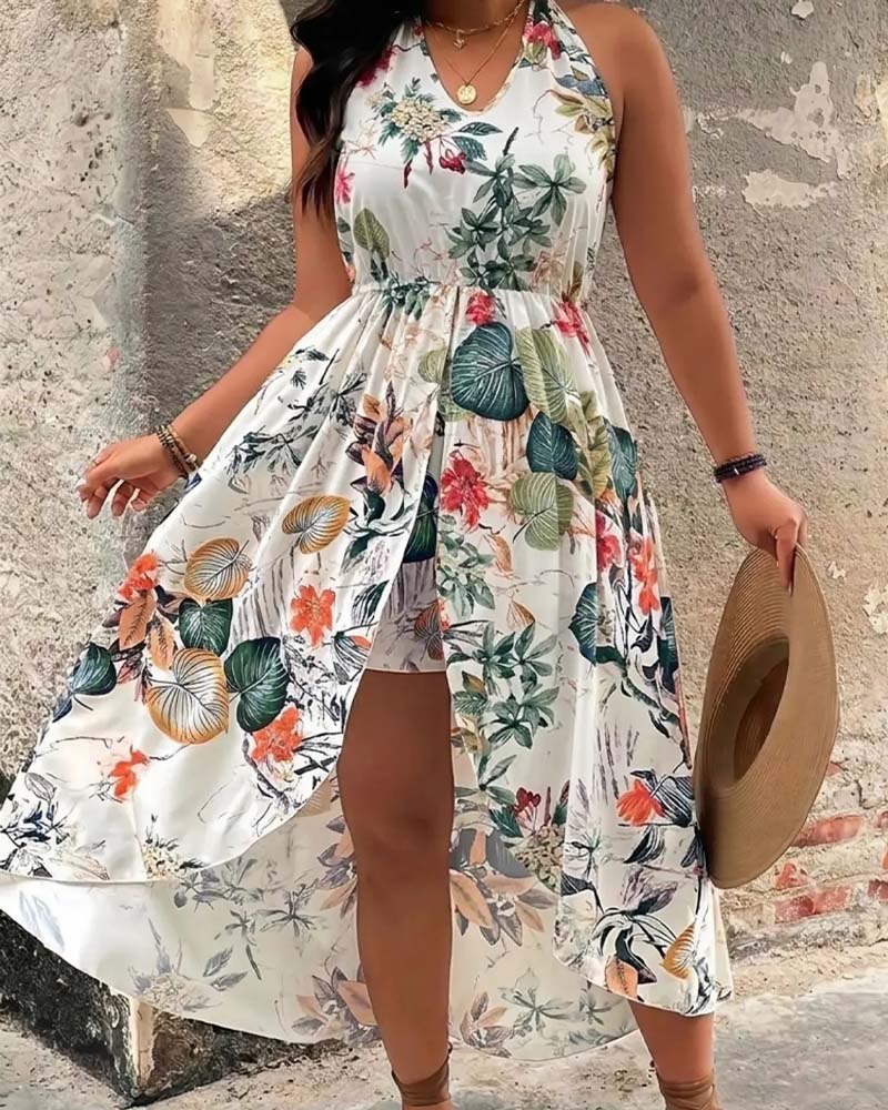 Set V-Szyjka Halter Sukienka Bez Rękawów + Szorty