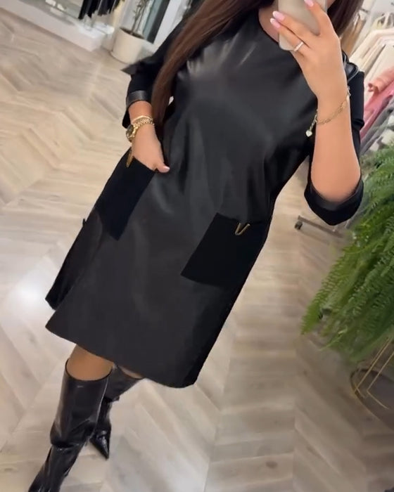 Modna sukienka z kieszeniami i patchworkowym wzorem