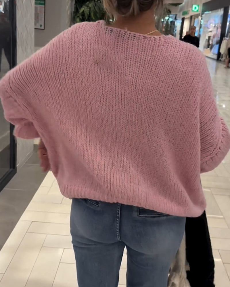 Luźny jednokolorowy kardigan ze sznurowaniem i długim rękawem