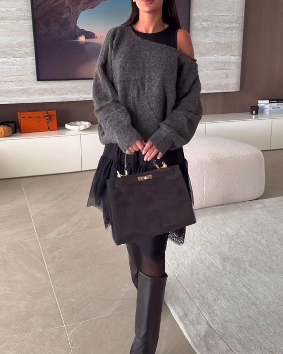 Off-Shoulder Luźny Sweter & Koronka Brzeg Sukienka