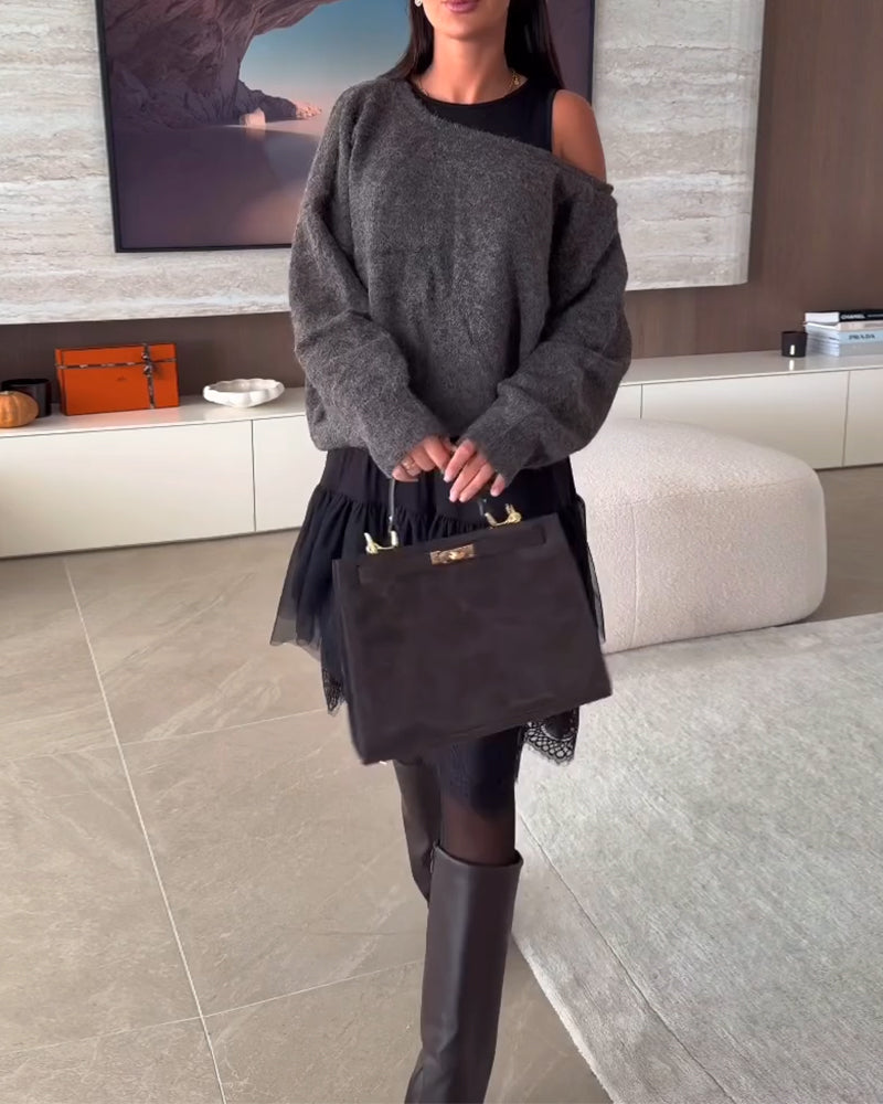 Off-Shoulder Luźny Sweter & Koronka Brzeg Sukienka