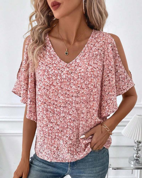 Bluzka V-Szyjka Kwiatowy Off-Shoulder Rękaw Motylkowy