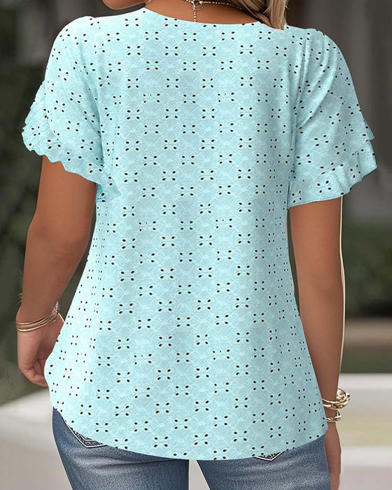 T-shirt Z Falbankami Krótkie Rękawy Wycięte
