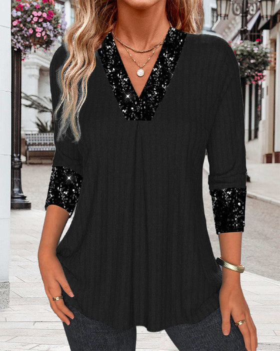 Casualowy jednolity kolor, patchworkowy top plisowany z cekinami