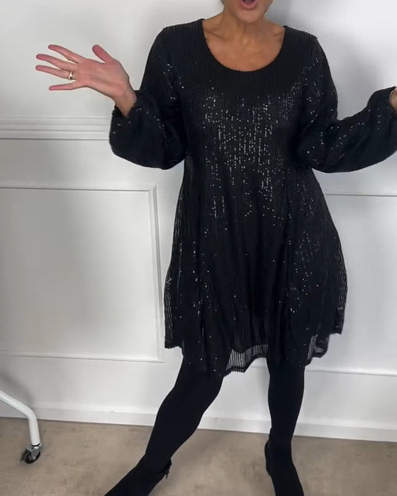 Sukienka elegancka z rękawami typu lampion i cekinami w kształcie litery A