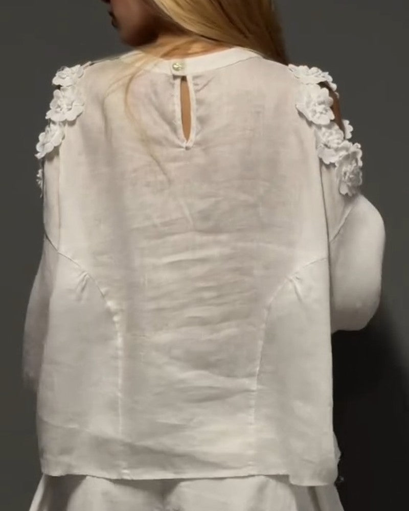 Bluzy Okrągły Dekolt Wycięcie Off-Shoulder 3D Kwiatowy