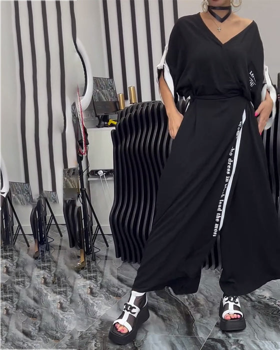 Garnitur V-Neck Nieregularne Luźne Spodnie