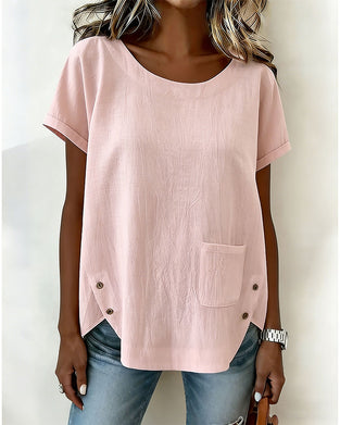 T-Shirt Bawełna Len Guzik Detal Krótki Rękaw