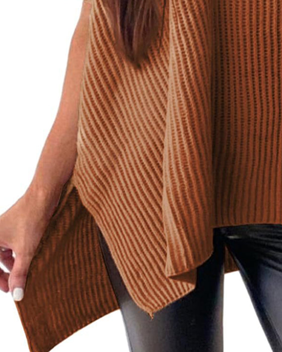 Sweter Jednokolorowy Okrągły Dekolt Rękaw Nietoperz
