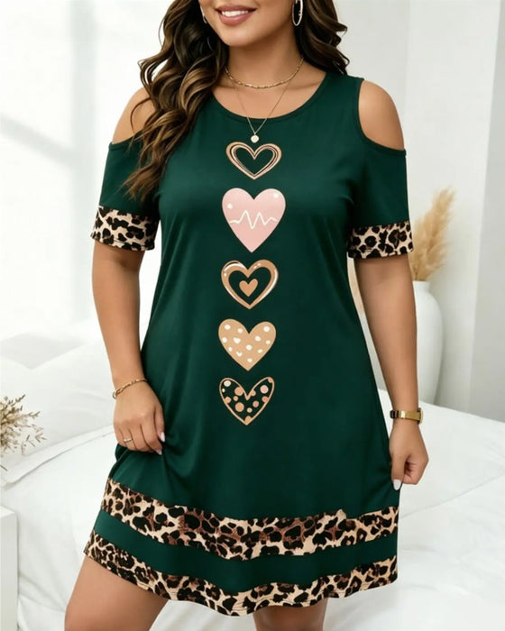 Sukienka Okrągły Dekolt Off-Shoulder Lampart Serce