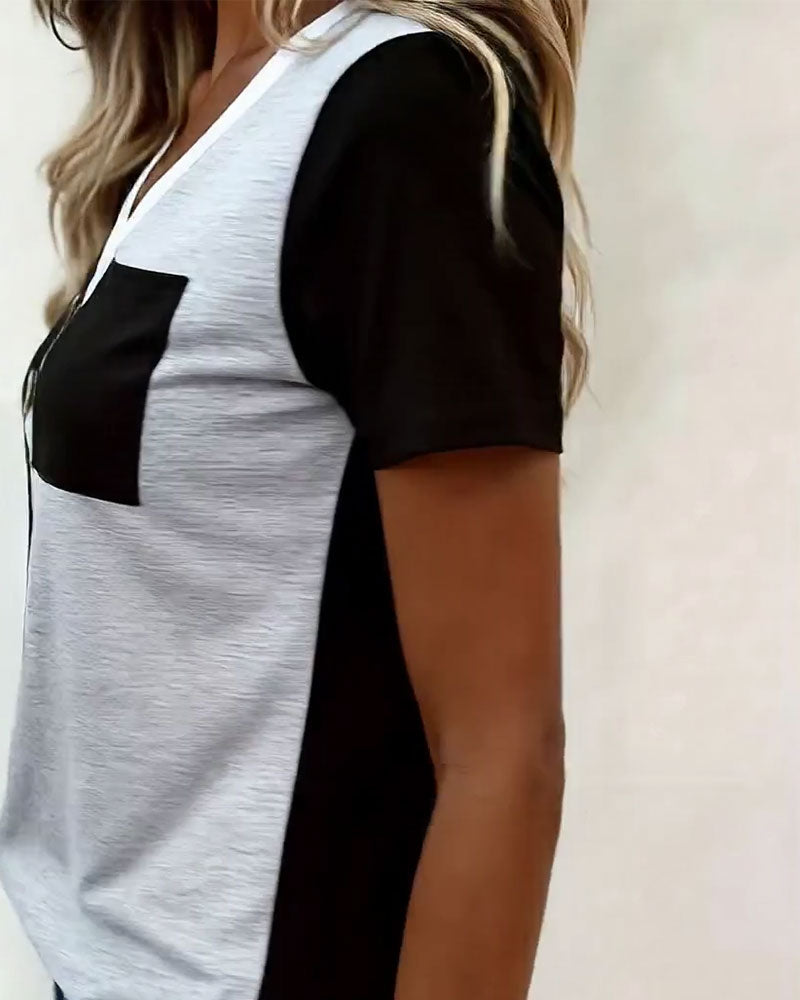 T-Shirt V-Dekolt Kontrast Kieszeń