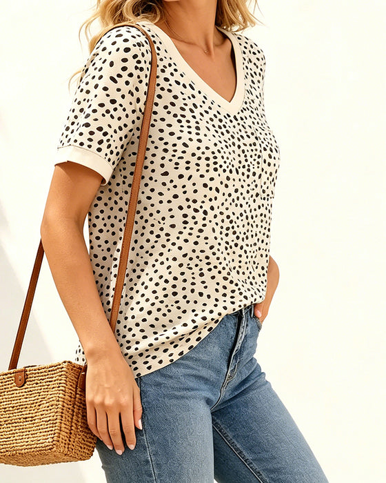 T-Shirt V-Szyja Polka Dot Kieszeń
