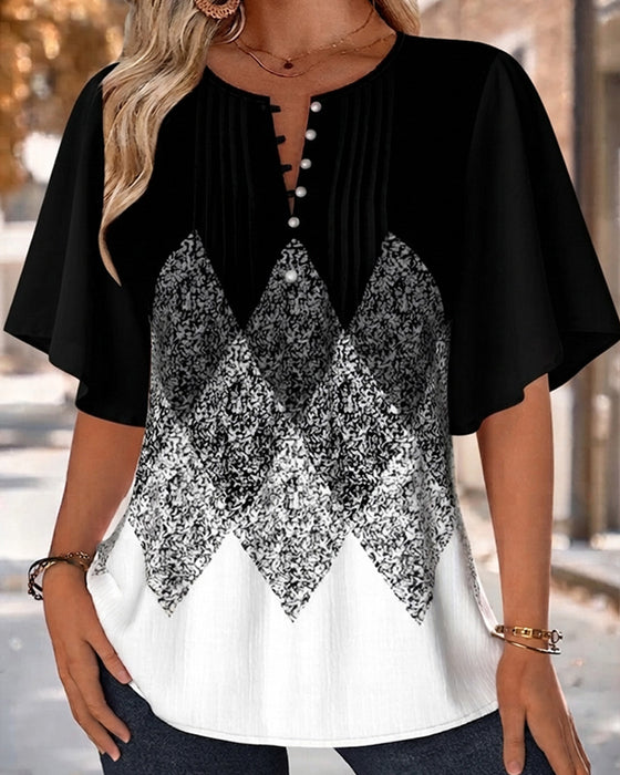 T-Shirt Diamentowa Krata Gradientowy Nadruk Dekolt W Serek