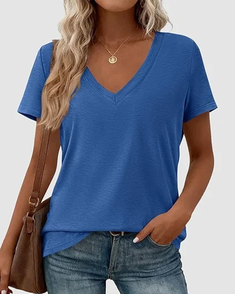 T-Shirt Pullover Dekolt V Gładki