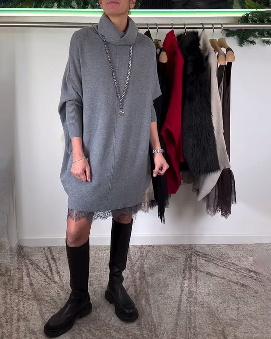 Sukienka z Ramiączkami Koronkowa Siateczka Garnitur Wysoki Kołnierz Rękawy Nietoperza