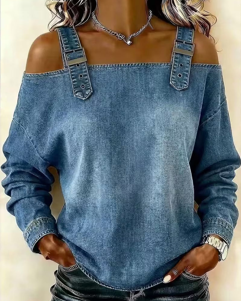 Bluzka Ramiączko Spaghetti Off-Shoulder Denim Metalowy Guzik