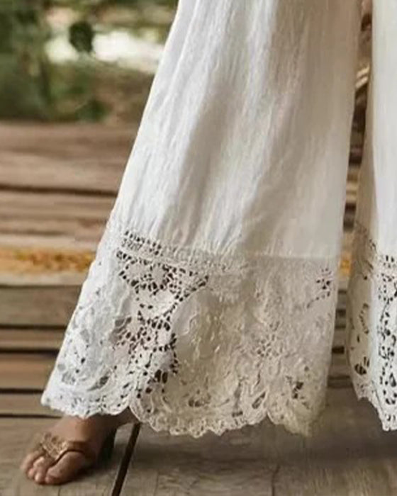Spodnie Elastyczna Talia Sznurek Koronka Patchwork Szeroka Noga