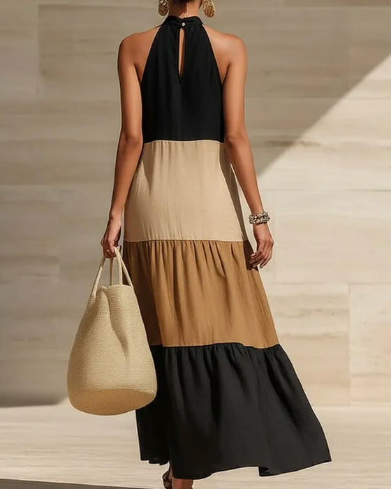 Sukienki Halter Off-Shoulder Patchwork Blok Koloru