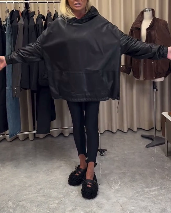 Luźna Bluza Z Kapturem Z Ekoskóry