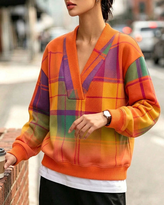 Bluza V-Szyja Krata Swobodny