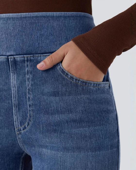 Spodnie Wysoki Stan Denim Kieszeń Dzwony